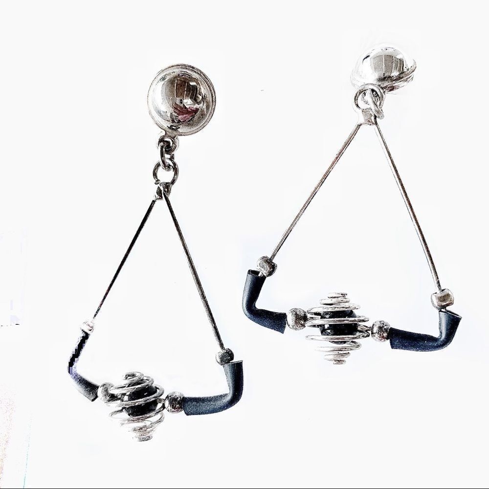 Modernist silver black rubber  dangle earrings